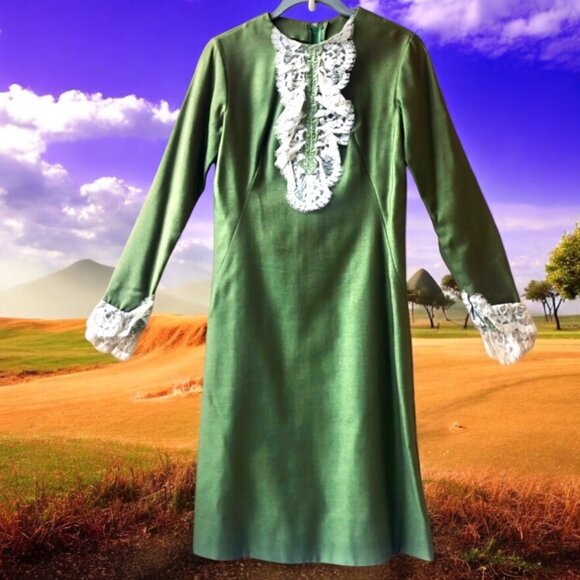 Vintage 60's Green Dress with Lace Handmade Edwardian MOD Cos Play XS XXS - Picture 2 of 16